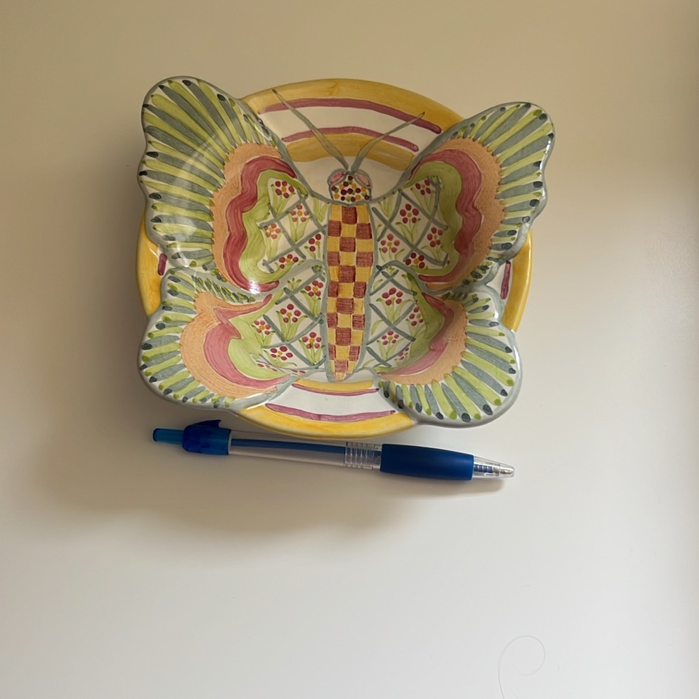 MacKenzie-Childs Hand-Painted Butterfly Dish in Yellow, Green, Pink